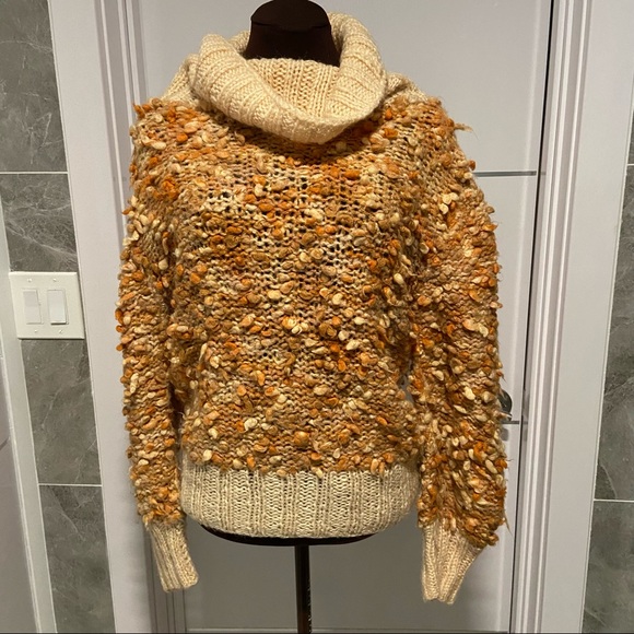 Cowl turtleneck unique poof puff natural earthy color knit sweater - Picture 1 of 5
